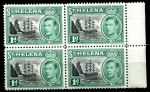 Святой Елены о-в 1949 г. • Gb# 149 • 1 d. • Георг VI основной выпуск • фрегат в бухте острова • кв. блок • MNH OG XF