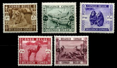 БЕЛЬГИЙСКОЕ КОНГО 1939г. SC# B 27-31 ДИКИЕ ЖИВОТНЫЕ MNH OG XF / ФАУНА