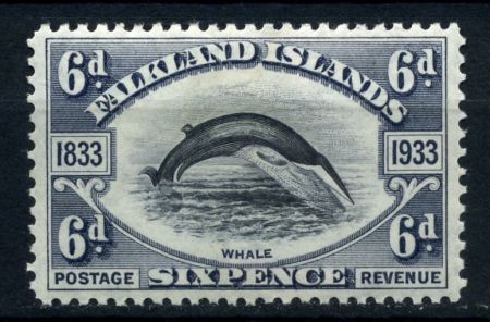 Фолклендские о-ва 1933 г. • Gb# 133 • 6 d. • 100-летие Британской администрации • кит финвал • MLH OG XF ( кат.- £65 )