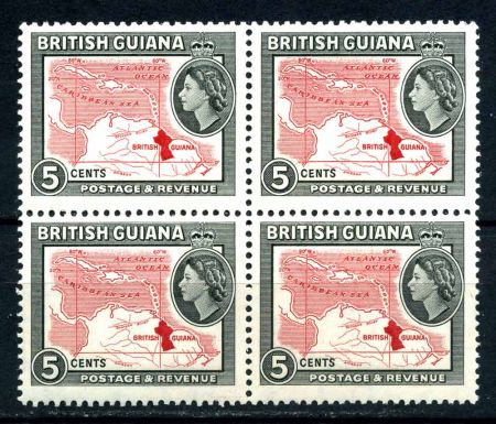 БРИТАНСКАЯ ГВИАНА 1954-63г. GB# 335 / 5с. MNH OG VF кв. блок / КАРТЫ