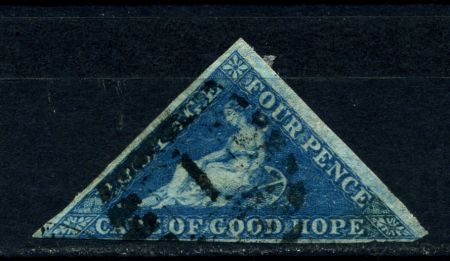 Мыс Доброй Надежды 1853 г. • Gb# 4 • 4 d. "Надежда". темно-синяя на синеватой бум. • Used VF ( кат.- £150)
