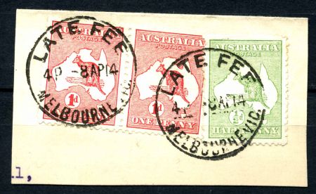 Австралия 1913-1914 гг. • Gb# 1,2(2) • ½ и 1 d. • Кенгуру на карте • на вырезке • Used XF