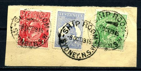 Австралия 1913-1914 гг. • Gb# 9+ • 6 d. • Кенгуру на карте • гашение "Ship Room" на вырезке• Used XF