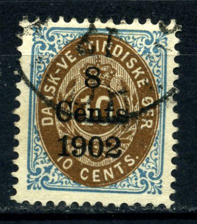 Датская Вест-Индия 1902 г.  SC# 28b • 8 c. • надпечатка год + номинал • перевернутый орнамент • USED VF • кат. - $400