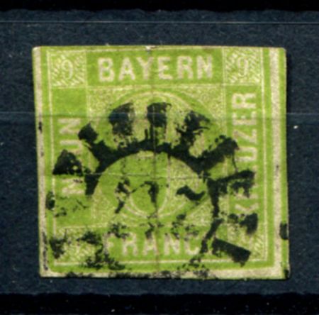 Бавария 1850-1858 гг. • Mi# 5 • 9 kr. • цифра в орнаменте • Used F-VF ( кат.- € 20 ) 