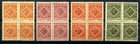 Мадагаскар 1947 г. • Iv# T34-5,38-9 • 1,2,5 и 10 fr. • служебный выпуск • MNH OG VF • кв. блоки ( кат.- €12+ )