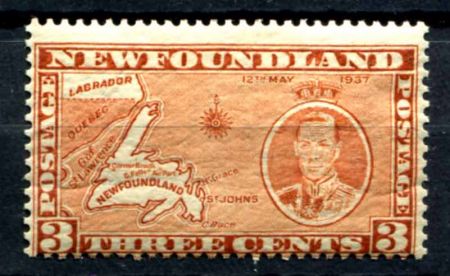 Ньюфаундленд 1937 г. • Gb# 258eс • 3 c. • Коронация Георга VI (доп. выпуск) • карта Ньюфаундленда • MH OG F ( кат.- £ 15 )