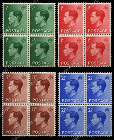 Великобритания 1936 г. • Gb# 457-60 • ½ - 2 ½ d. • Эдуард VIII • стандарт • полн. серия • кв. блоки • MNH OG XF ( кат.- £ 6 )