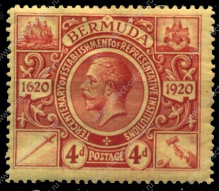 Бермуды 1921 г. • Gb# 71 • 4 d. • 300-летие губернаторства на островах • Георг V • MH OG VF ( кат. - £20 )