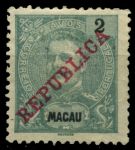 Макао • 1911 г. • SC# 148 • 2 a. • король Карлуш I • надп. "Republica" • стандарт • MH OG VF