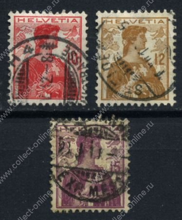 Швейцария 1909 г. • SC# 164-6 • 10,12 и 15 c. • Аллегория "Швейцария" • стандарт • Used VF • полн. серия ( кат.- $4 )