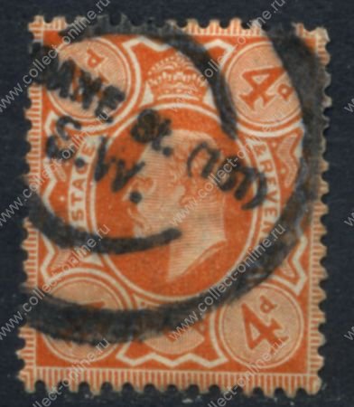 Великобритания 1911 г. • Gb# 286 • 4 d. • Эдуард VII • ярко-оранж. • стандарт • Used XF ( кат.- £15 )