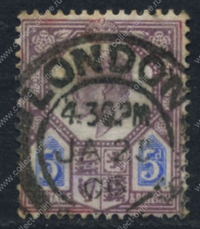 Великобритания 1902-1910 гг. • Gb# 242 • 5 d. • Эдуард VII • пурпурная и голубая • стандарт • Used VF+ ( кат.- £20 )