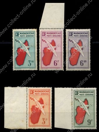 Мадагаскар 1941 г. • Iv# A18 .. 23 • 3 .. 9 fr. • самолет над картой острова • 2-й выпуск (5 номиналов) • авиапочта • MNH OG* XF