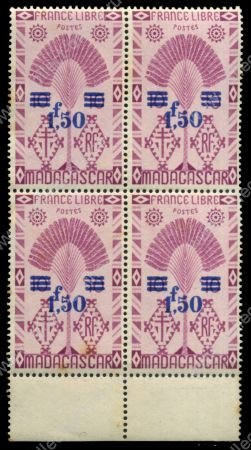 Мадагаскар 1944 г. • Iv# 287 • 1.50 fr. на 10 c. • осн. выпуск • надпечатка нов. номинала • кв. блок • MNH OG* VF ( кат. - €6 )