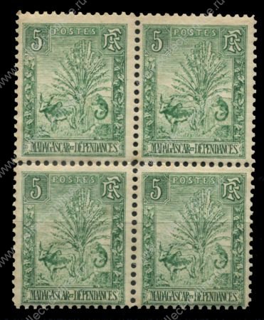 Мадагаскар 1903 г. • Iv# 66 • 5 c. • осн. выпуск • зебу у дерева путешественников • MNH OG VF • кв. блок ( кат.- €40+ )