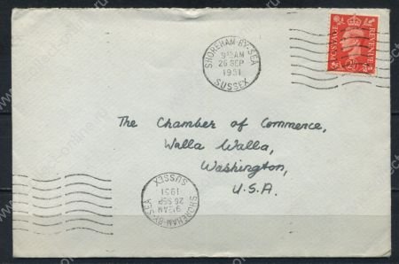 Великобритания 1951 г. • GB# 507 • 2 ½ d. • на конверте в Вашингтон(США) • Used XF