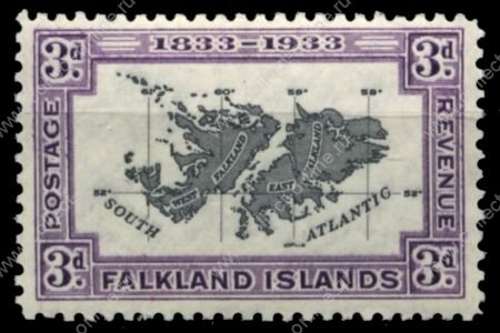 Фолклендские о-ва 1933 г. • Gb# 131 • 3 d. • 100-летие Британской администрации • карта островов • MH OG VF ( кат.- £28 )