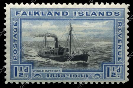 Фолклендские о-ва 1933 г. • Gb# 129 • 1 ½ d. • 100-летие Британской администрации • китобойное судно "Бренсфилд" • MNH OG XF ( кат.- £22+ )