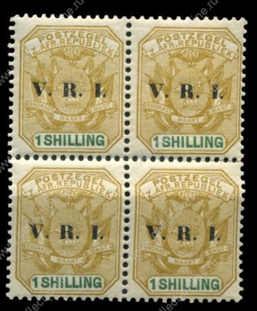 Трансвааль 1900 г. Gb# 233 • 1 sh. • надпечатка "V.R.I." • герб колонии • MNH OG XF • кв.блок ( кат.- £15 )