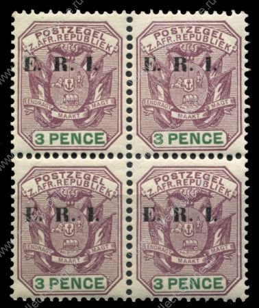 Трансвааль 1901-2 гг. Gb# 240 • 3 d. • надпечатка "E.R.I." • герб колонии • MNH OG XF • кв.блок ( кат.- £10 )