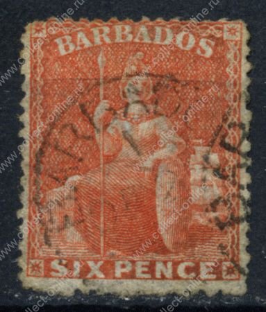 Барбадос 1872 г. GB# 53 • 6d. • "Британия" (оранжевая) • Used VF ( кат. - £85.00)