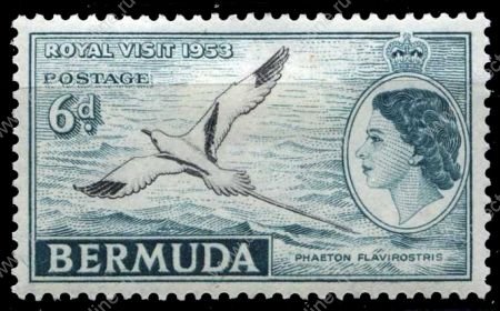 Бермуды 1953 г. • Gb# 151 • 6 d. • Елизавета II • Королевский визит • птица фаэтон • MNH OG VF