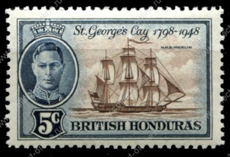 Британский Гондурас 1949 гг. • Gb# 169 • 5 c. • 150-летие битвы у рифа св. Георгия • фрегат "Мерлин" • MNH OG VF
