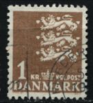 Дания 1946-7 гг. • SC# 297 • 1 kr. • датские львы • стандарт • Used  VF