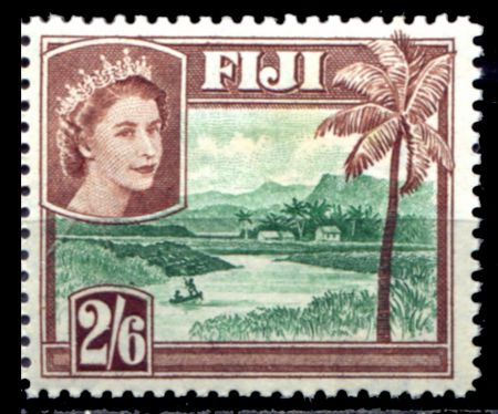 Фиджи 1953-1959 гг. • Gb# 292 • 2s.6d. • Елизавета II осн. выпуск • вид на реку • MNH OG XF