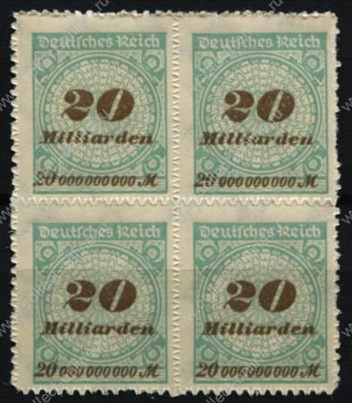 Германия 1923 г. • Mi# 329B • 20 Mlrd. M. • просечка • стандарт • кв. блок • MNH OG VF ( кат.- € 12+ )
