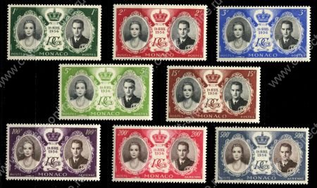 Монако 1956 г. • Mi# 561-8 • 1 - 500 fr. • Свадьба Принца Ренье III и  Грейс Келли • полн. серия • MNH OG VF ( кат. - €10 )