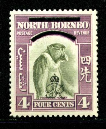 Северное Борнео 1947 г. • Gb# 338 • 4 c. • Георг VI основной выпуск • надпечатка • Обезьяна носач • MNH OG VF