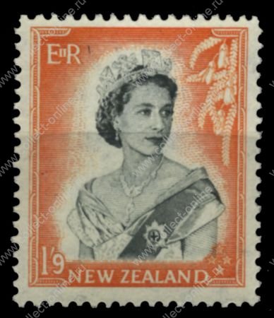 Новая Зеландия 1953-59 гг. • Gb# 733b • 1s.9d. • Елизавета II • портрет с перевязью • стандарт • MNH OG XF