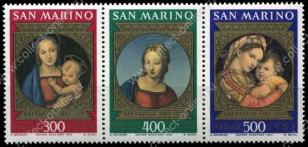 Сан-Марино 1983 г. • Sc# 1057-9a • 300 - 500 L. • Рождество • Мадонны • MNH OG VF • полн. серия • сцепка 3 марки