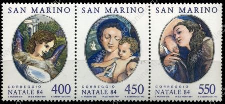 Сан-Марино 1984 г. • Sc# 1078-80a • 400 - 550 L. • Рождество • религиозные сцены • MNH OG VF • полн. серия • сцепка 3 марки