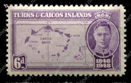 Теркс и Кайкос 1948 г. • Gb# 213 • 6 d. • 100-летие отделения от Багамских островов • MH OG XF  ( кат.- £1.75- )