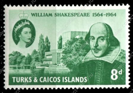 Теркс и Кайкос 1964 г. • Gb# 257 • 8 d. • Уильям Шекспир • 400 лет со дня рождения • MNH OG XF