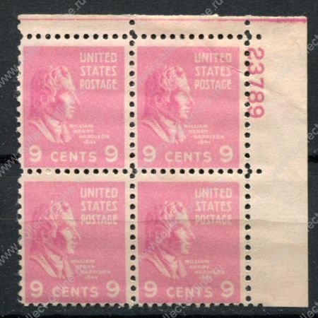 США 1938 г. • Sc# 814 • 9 c. • Уильям Генри Гаррисон • президенты • № кв. блок • MNH OG VF