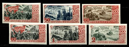 СССР 1947 г. • Сол# 1179-84 • 30 коп. - 2 руб. • 30-летие Октябрьской революции • б.з. полн. серия • MNH OG VF