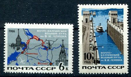 СССР 1966 г. • Сол# 3389-90 • 6 и 10 коп. • Волго-Балтийский канал • полн. серия • MNH OG VF