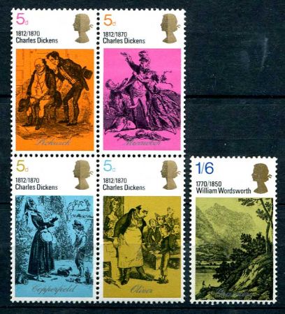 ВЕЛИКОБРИТАНИЯ 1970г. GB# 824-8 / ЮБИЛЕИ ПИСАТЕЛЕЙ / MNH OG VF / ЛИТЕРАТУРА