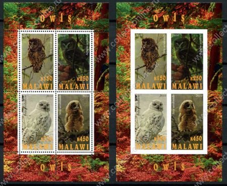 Малави 2010 г. • Mi# • Птицы, совы • 2 блока (зуб. и б.з.) • MNH OG VF