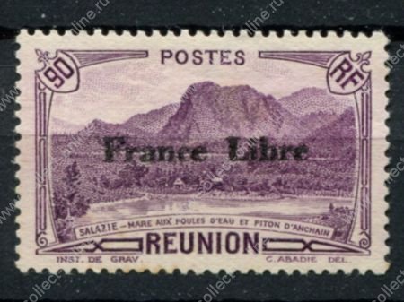 Реюньон 1943 г. • Iv# 202 • 90 c. • надпечатка "Свободная Франция" • вид острова • MNG F-VF ( кат.- € 1,5 )