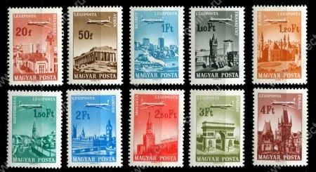 Венгрия 1966 г. • Mi# 2280-2289A • 20 f. - 4 Ft. • самолёты над городами (1-й выпуск) • авиапочта • 10 марок • MNH OG VF ( кат.- € 6 )