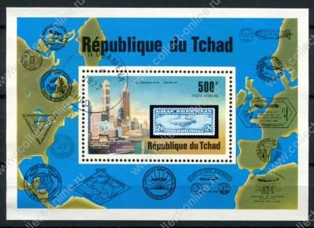 Чад 1977 г. • Mi# Block 68A • 500 fr. • Карта маршрутов дирижабля "Граф Цеппелин" • блок • Used(ФГ) VF ( кат. - €3 )