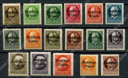 Бавария 1919 г. • Mi# 116-130,134-135 • 3 pf. - 3 M. • надпечатка "народное государство" • 17 марок • стандарт • MLH OG VF