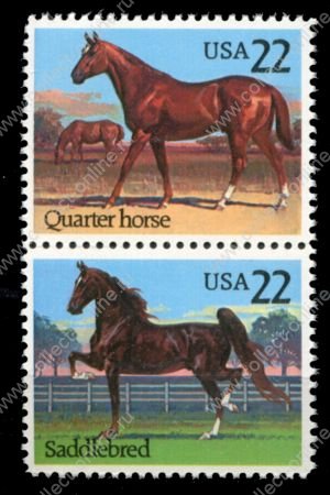 США 1985 г. • Sc# 2155,2157 • 22 c.(2) • породы лошадей • пара • MNH OG VF