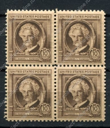 США 1940 г. • Sc# 863 • 10 c. • Писатели • Марк Твен • кв. блок • MLH OG VF