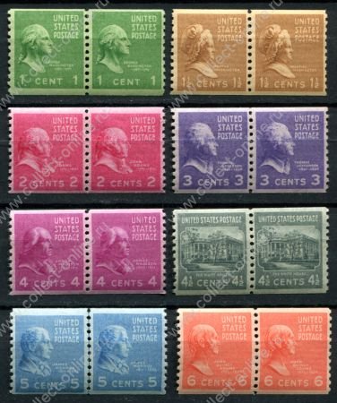 США 1939 г. • Sc# 839-846 • ½ - 6 c.• "Президенты" • стандарт(из рулонов) • 8 марок • пары • MNH OG VF ( кат. - $35+ )